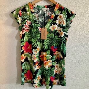 Christian Siriano tropical pullover top flutter sleeve orange,green black,beach